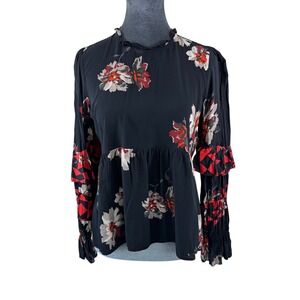 Joie - Boho Whimsigoth Black Floral Geometric Ruffle Sleeve Peplum Blouse Size M